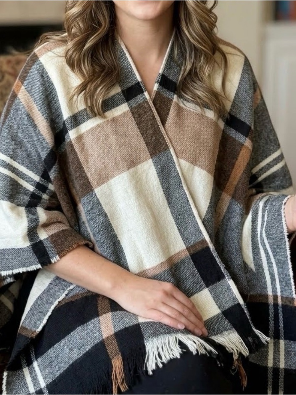 Loft Plaid Fringe Poncho Cape in Cream, Brown & Black
